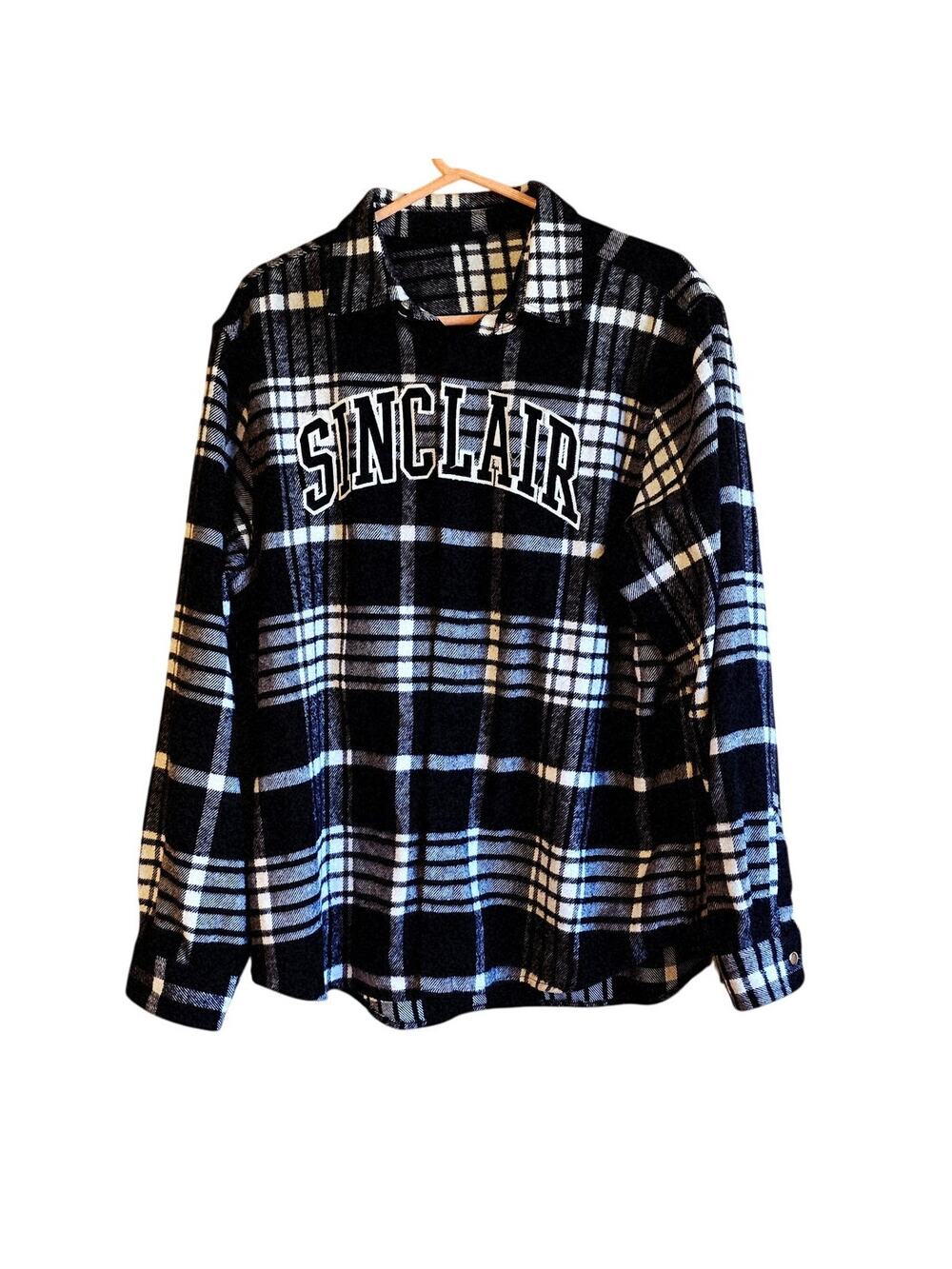 Sinclair Global flannel embroidered black flannel plaid snap front shirt size XL